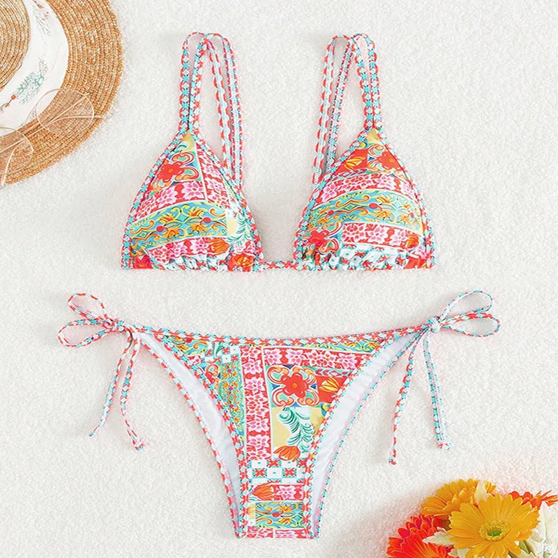 Women's lace-up split backless swimsuit bikini set in polyester with spandex lining