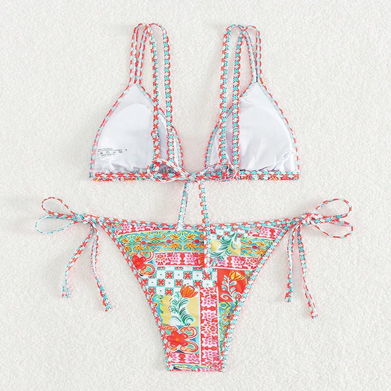 Women's lace-up split backless swimsuit bikini set in polyester with spandex lining