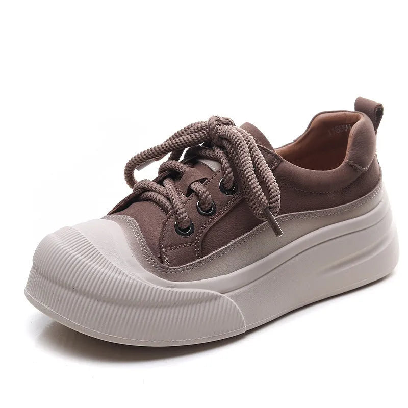 Women's yellow and cameo brown full grain cow leather lace-up casual shoes with round toe and rubber sole.