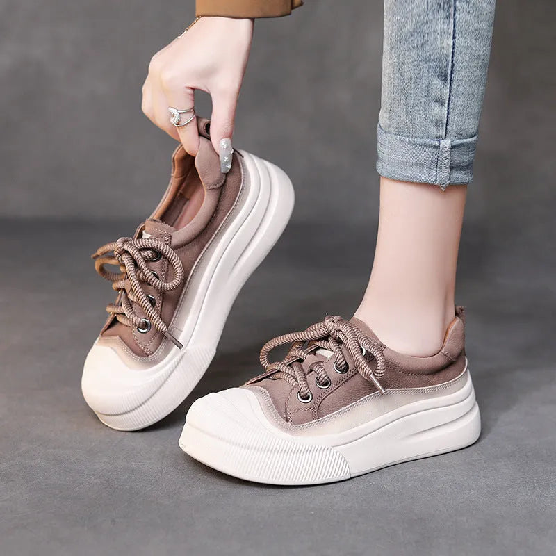 Women's yellow and cameo brown full grain cow leather lace-up casual shoes with round toe and rubber sole.