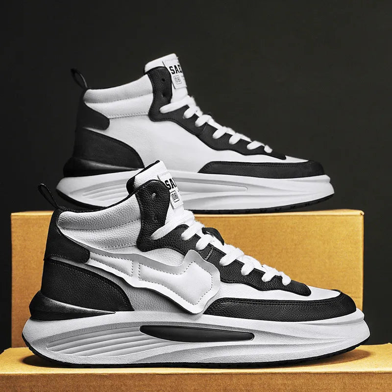 Men's black platform high-top casual shoe with round toe and artificial PU upper