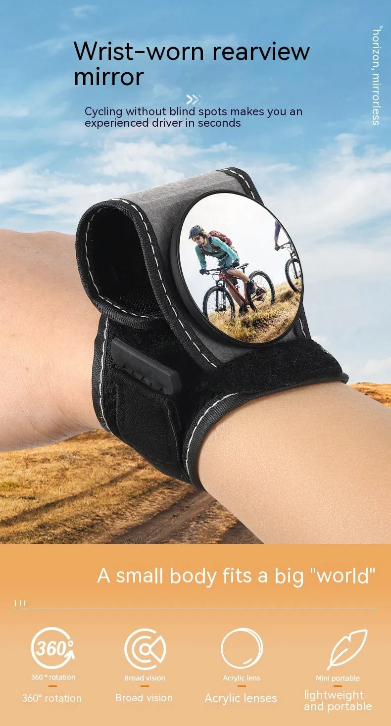 Black nylon cycling rear-view mirror fixture mounted on bicycle handlebars.
