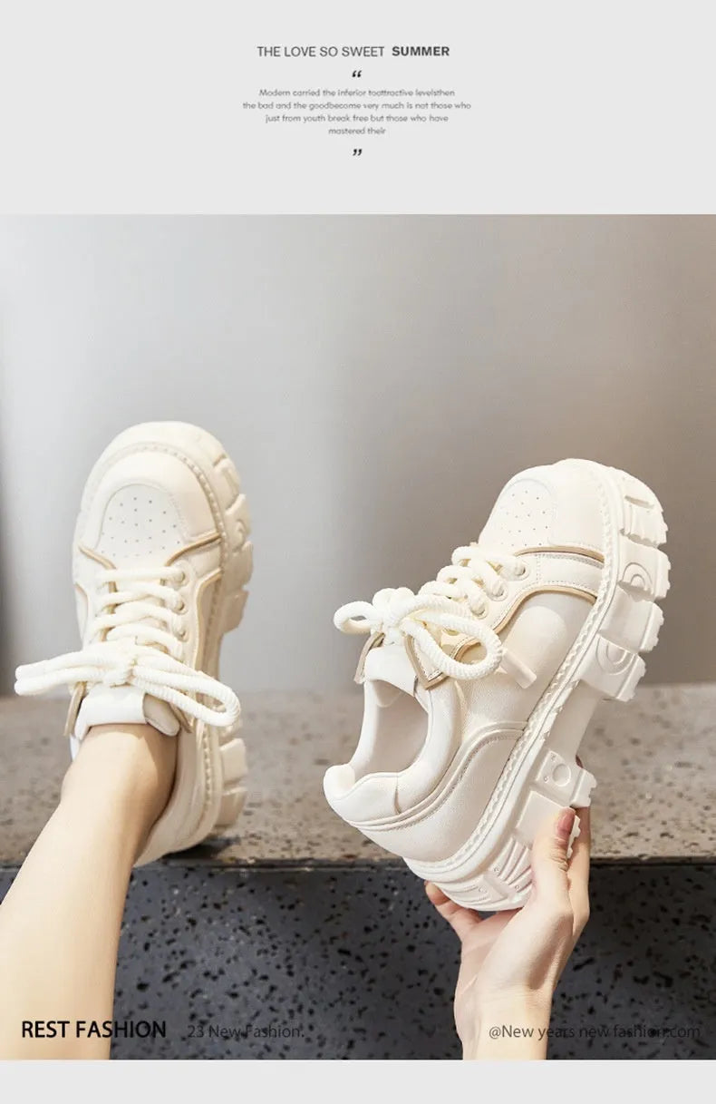 Women's beige and pink leather casual shoes with muffin bottom height increase design