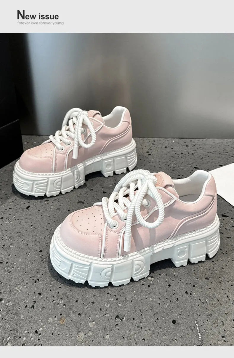 Women's beige and pink leather casual shoes with muffin bottom height increase design
