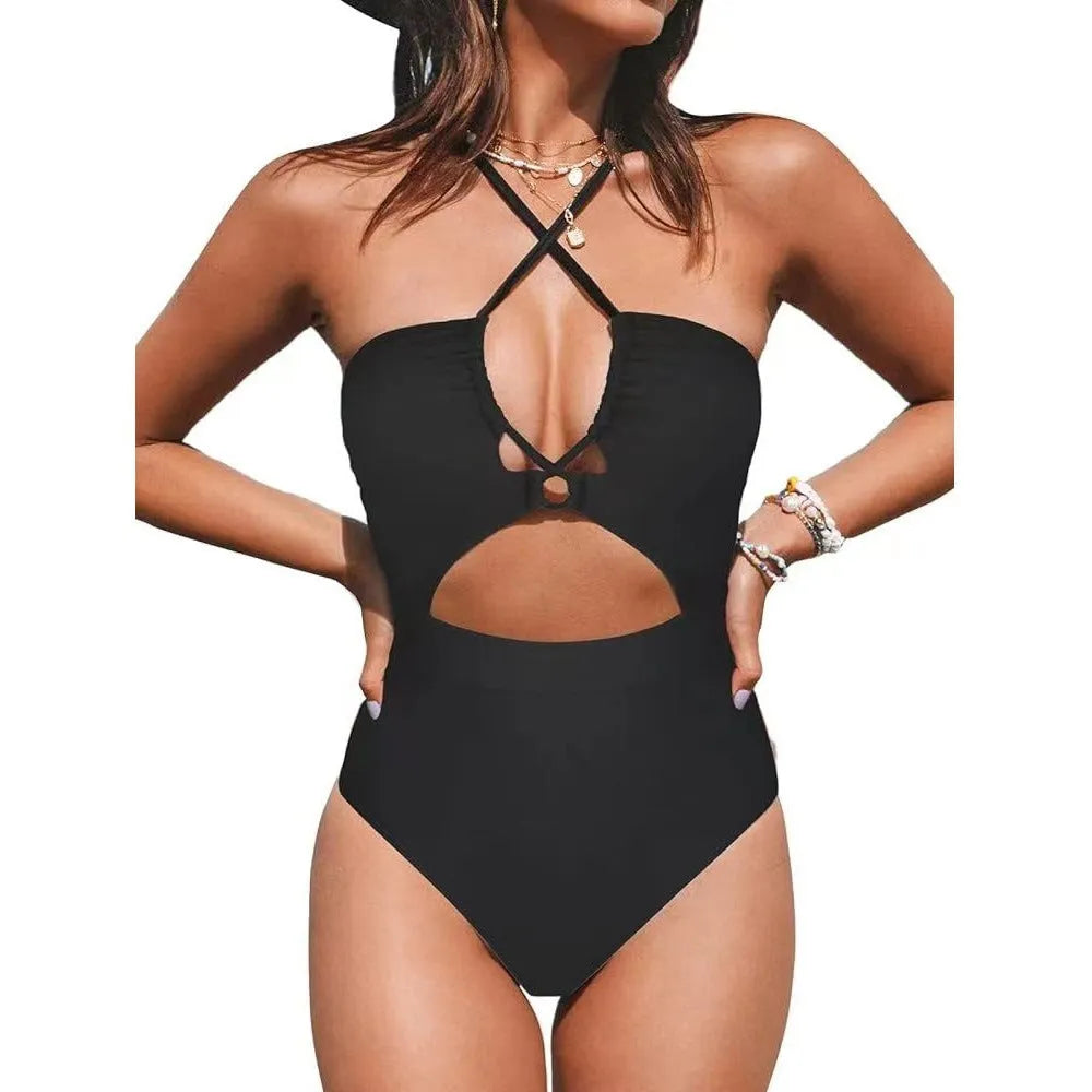 Women's solid color one-piece swimsuit with cross back design in black, wine red, or peacock blue