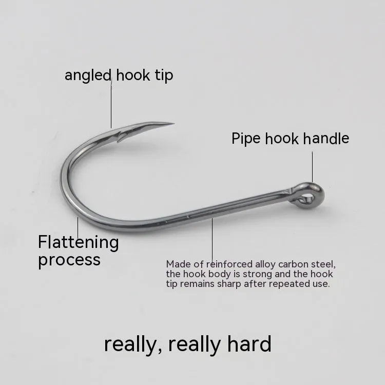 Bulk pack of barbed fishing hooks with crooked mouth and hole ring, made from alloy carbon steel.