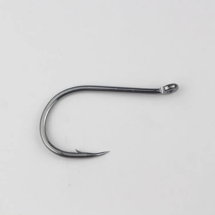Bulk pack of barbed fishing hooks with crooked mouth and hole ring, made from alloy carbon steel.