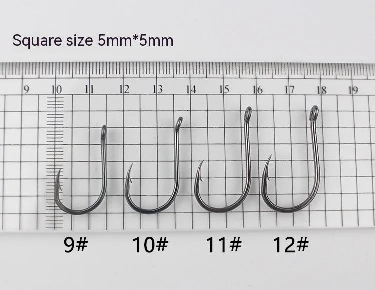 Bulk pack of barbed fishing hooks with crooked mouth and hole ring, made from alloy carbon steel.