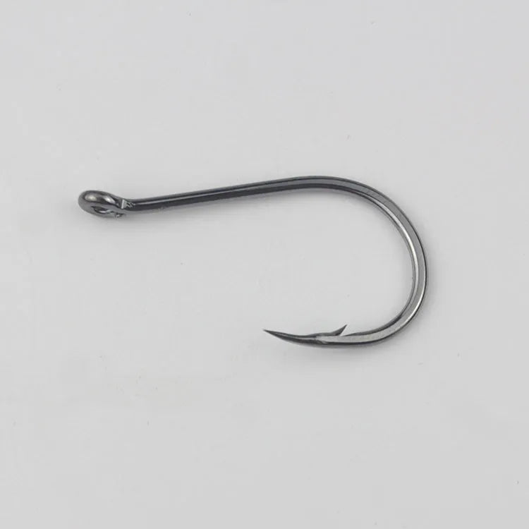 Bulk pack of barbed fishing hooks with crooked mouth and hole ring, made from alloy carbon steel.