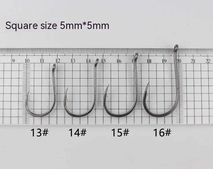 Bulk pack of barbed fishing hooks with crooked mouth and hole ring, made from alloy carbon steel.