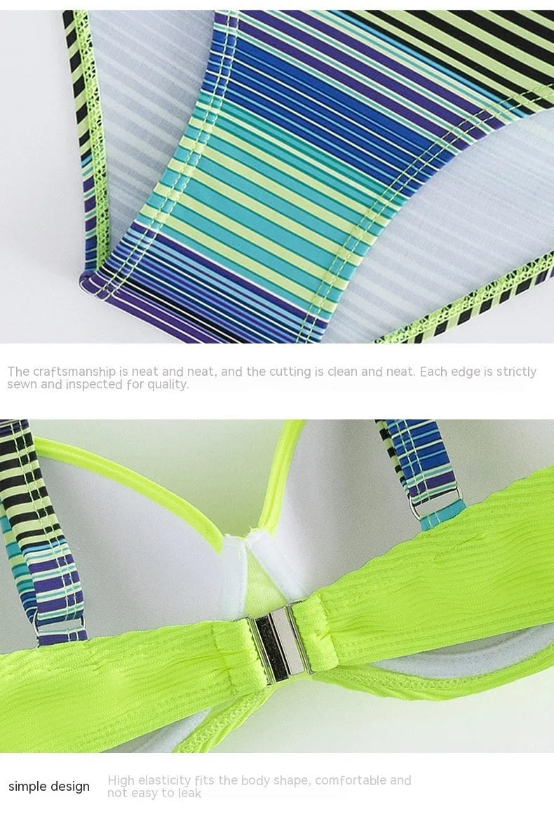 Green printed women's halterneck bikini top and split-style briefs set on a white background.