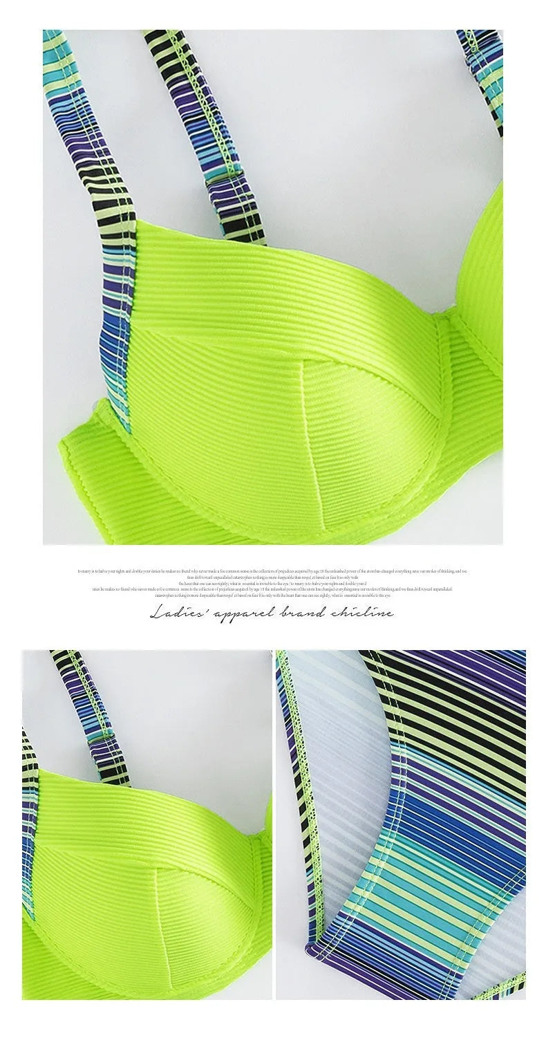 Green printed women's halterneck bikini top and split-style briefs set on a white background.