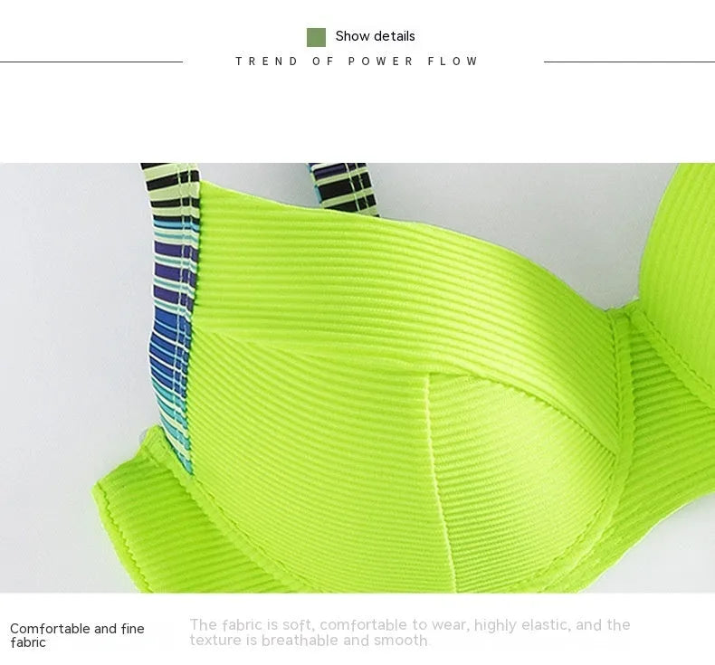 Green printed women's halterneck bikini top and split-style briefs set on a white background.