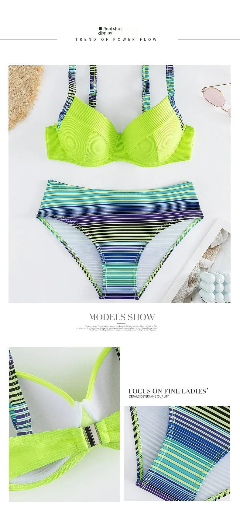 Green printed women's halterneck bikini top and split-style briefs set on a white background.
