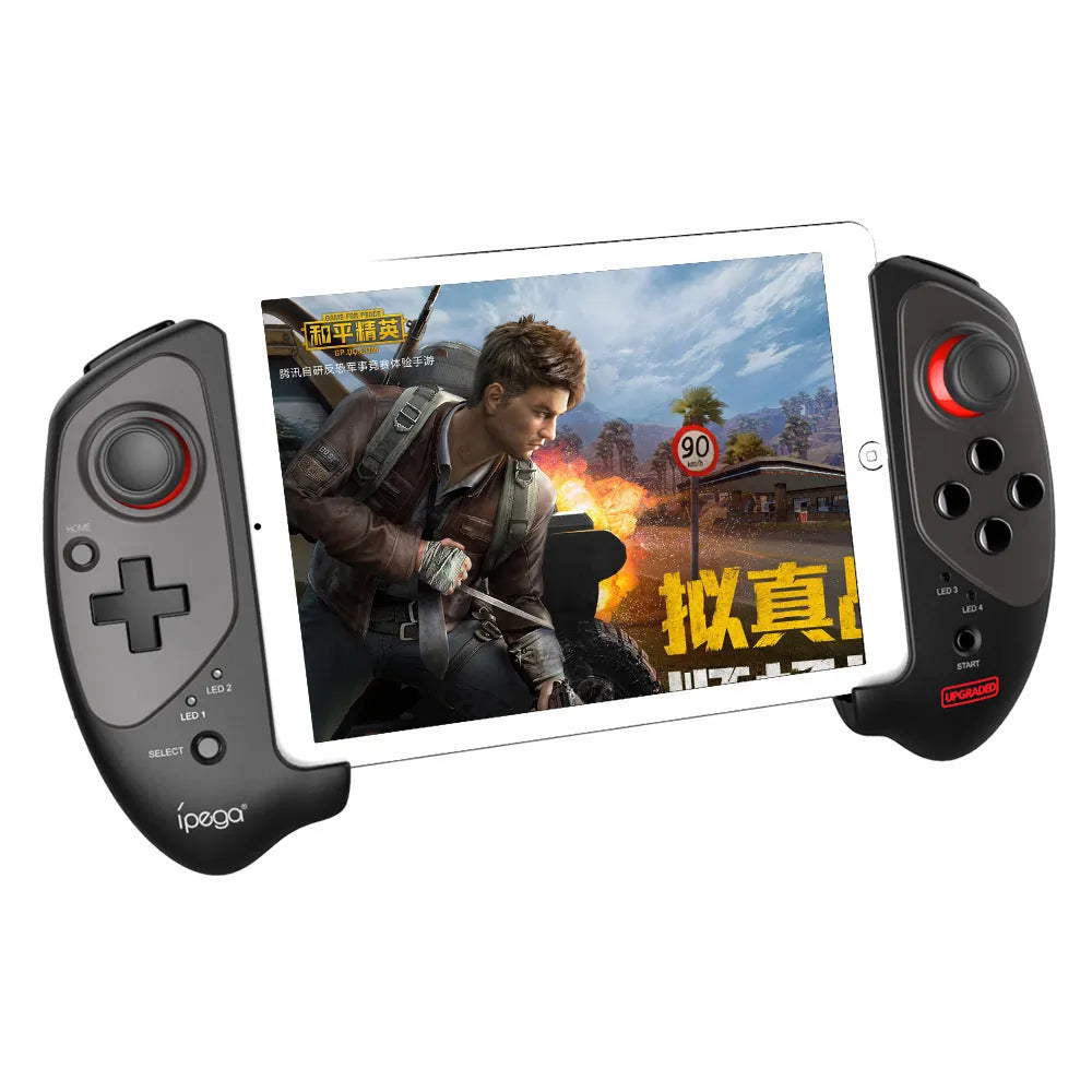Red telescopic gamepad controller extended to hold a mobile phone with Bluetooth and USB connectivity options