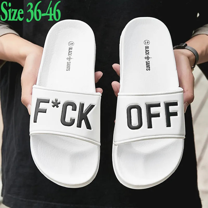 Men's black open toe slippers with rubber soles showing size range 36-46