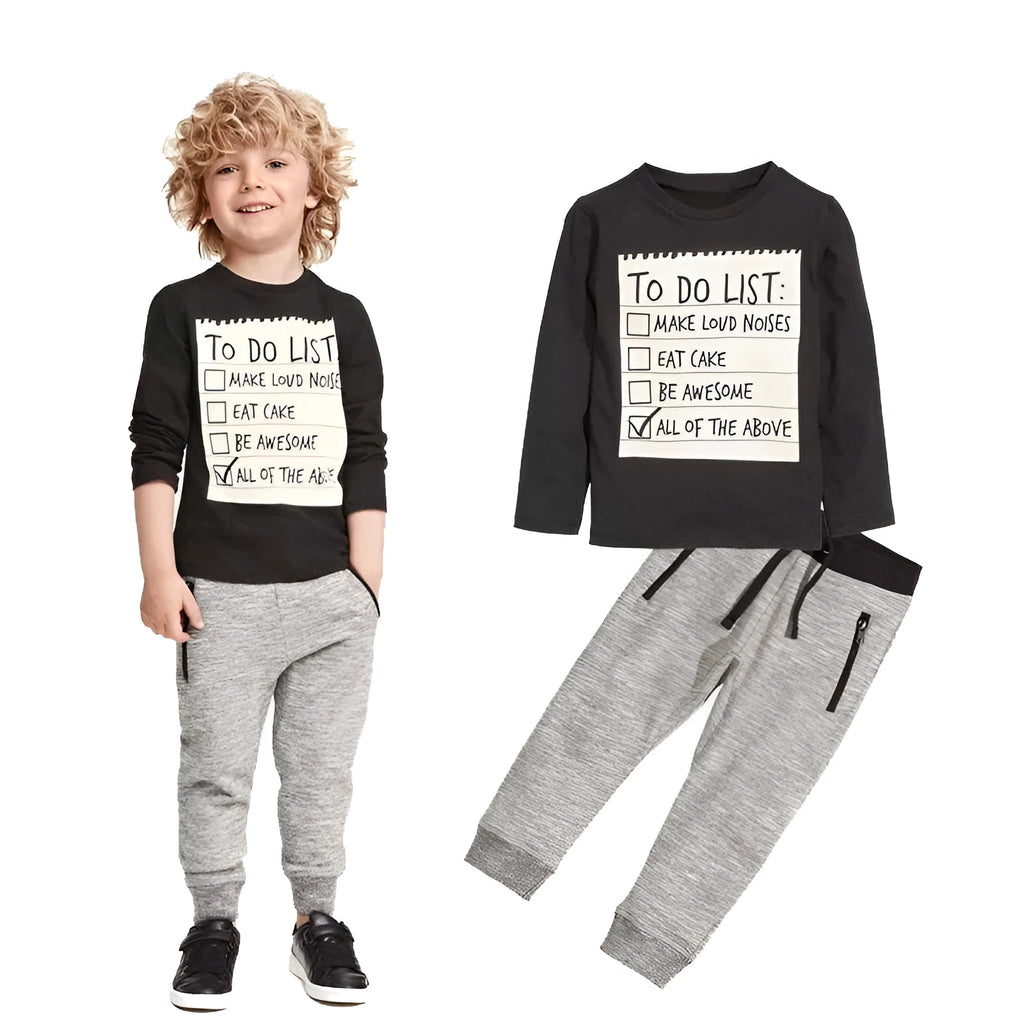 Boys' casual cotton clothing set with long-sleeved letter print T-shirt and matching pants.