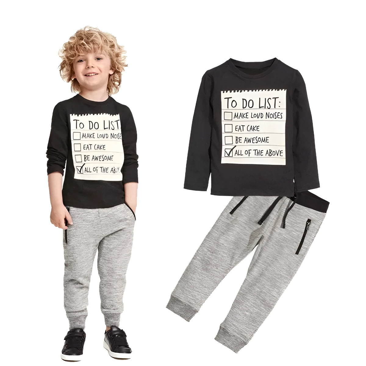 Boys' casual cotton clothing set with long-sleeved letter print T-shirt and matching pants.
