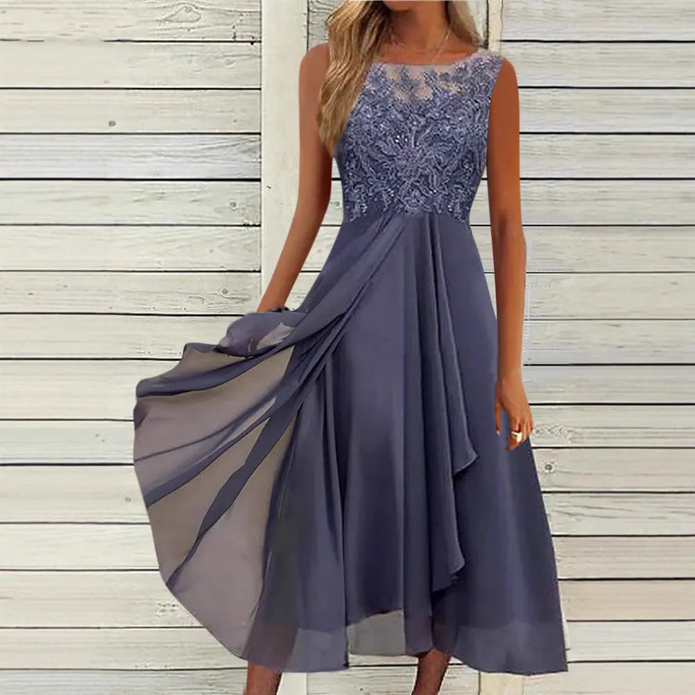 Women's sleeveless chiffon dress with lace hollow-out design in princess style, shown in blue colour