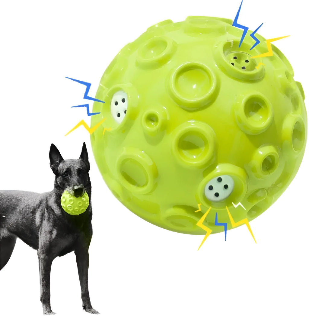 Durable natural rubber dog ball toy with squeaker and teeth-cleaning bumps for aggressive chewers