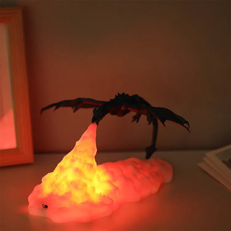 3D printed dragon night light with warm red breathing light effect on dark background
