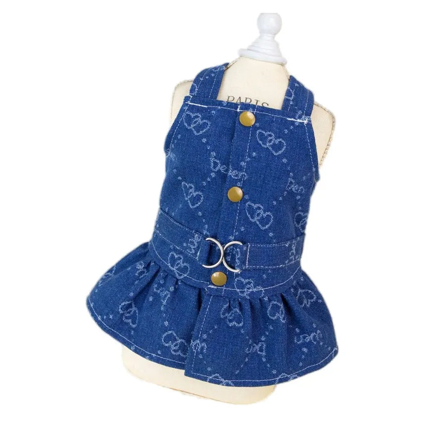 Small dog wearing denim princess dress with bracket-skirt style in classic denim colour