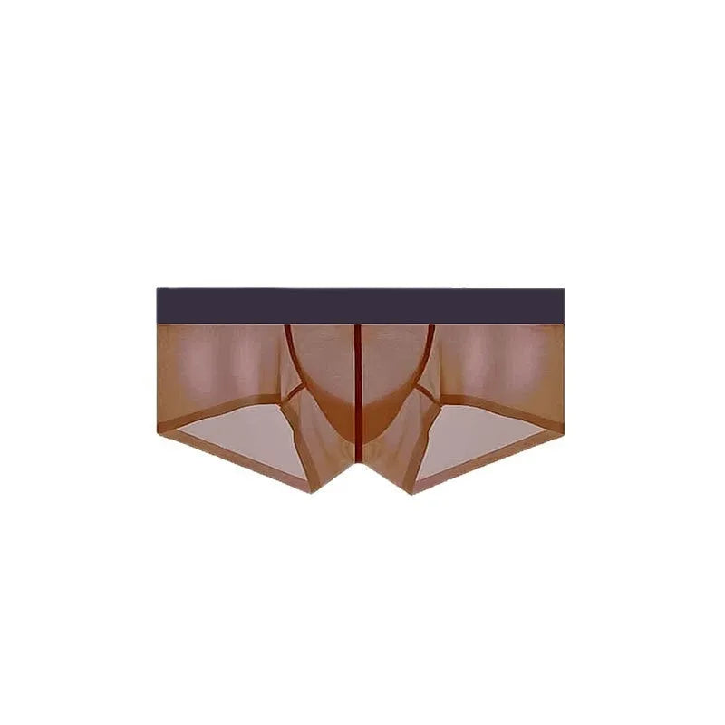Men's seamless low-waist underwear in ice silk nylon, shown in multiple colours including light blue, chocolate, and white.