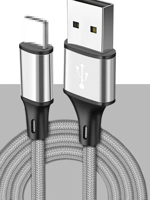 A 2-metre long USB data cable for phones, shown in one of five colour options: black, blue, gold, red, or silver.