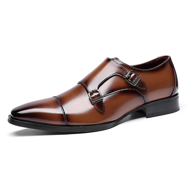 Men's black leather square-toe business shoes with metal sewn detailing and rubber sole