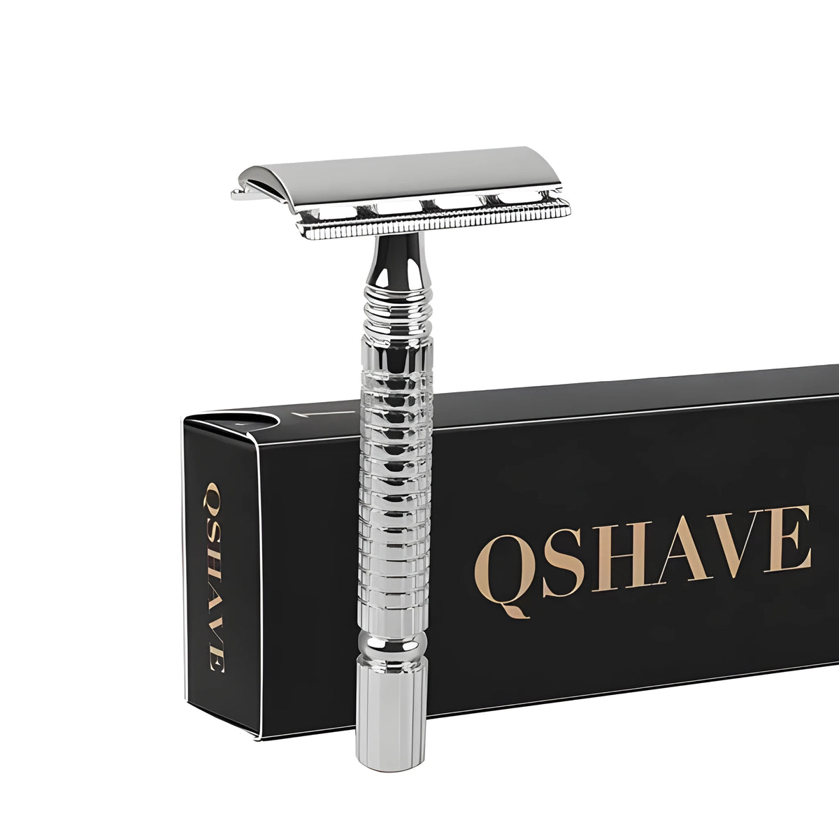 Chrome-plated brass double edged safety razor with blade and storage box.