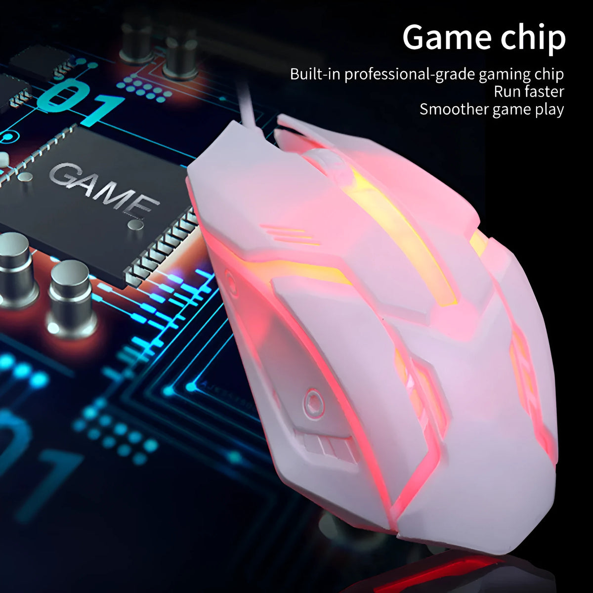 Black and white luminous USB wired computer mouse with colourful glow and 1.3 metre cable