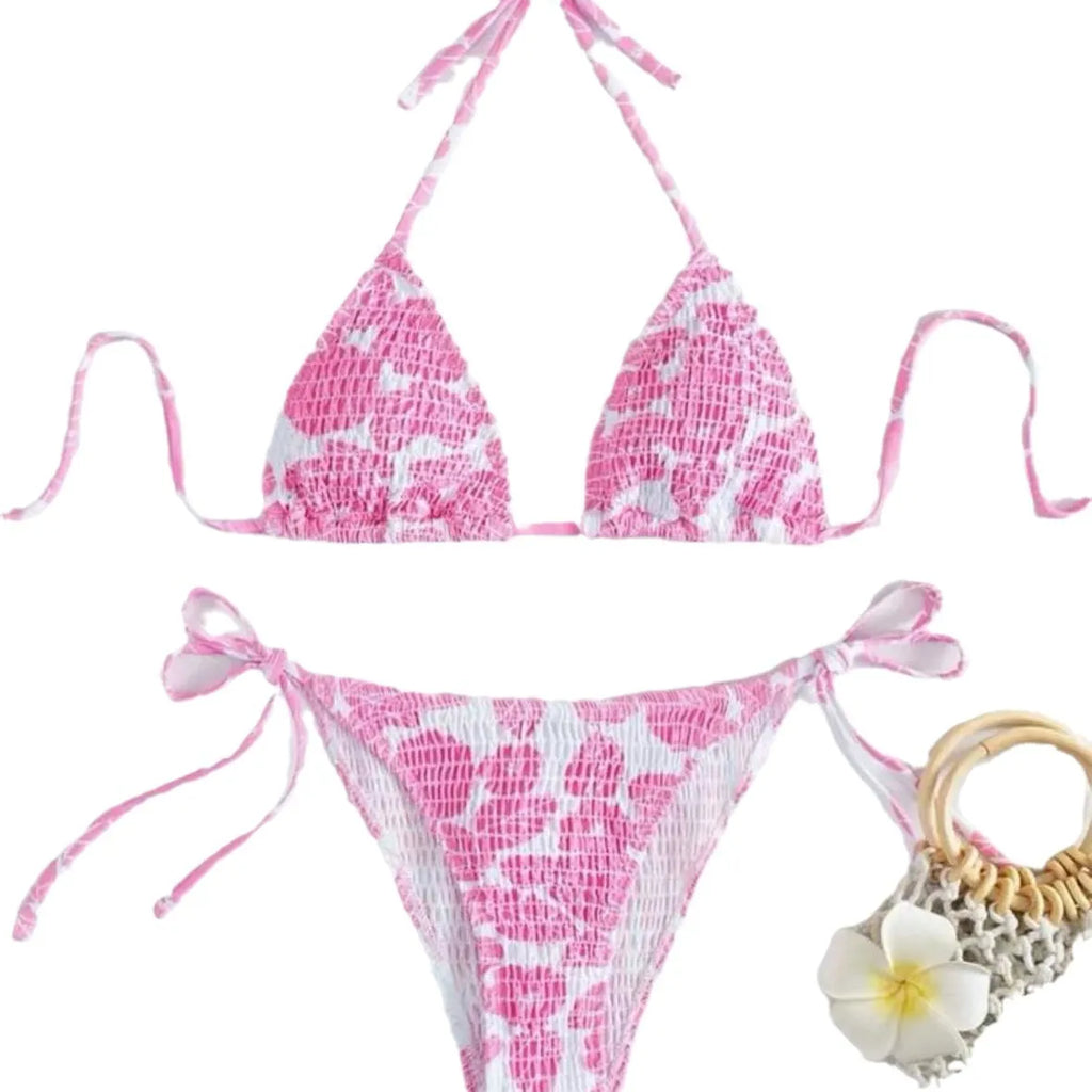Women's halter neck swimsuit set with floral briefs in light blue colour
