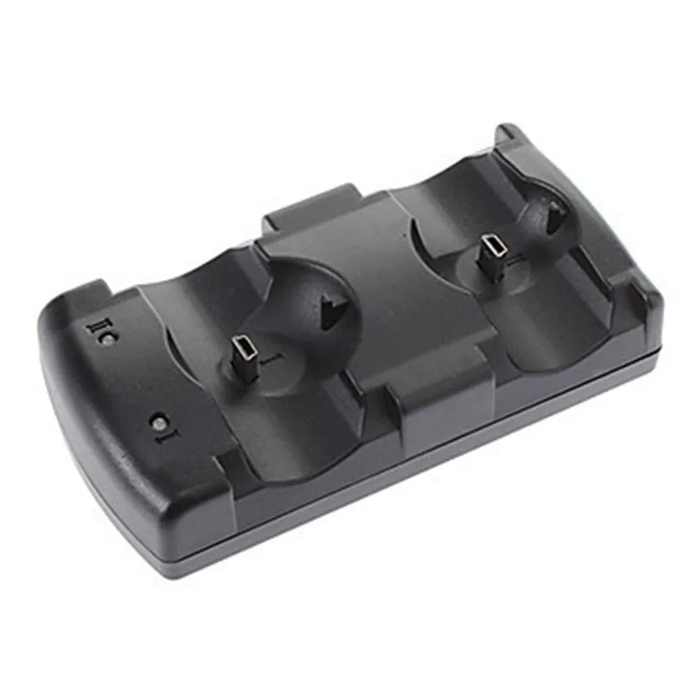 Black PS3 dual controller charging dock with two PS3 wireless controllers inserted
