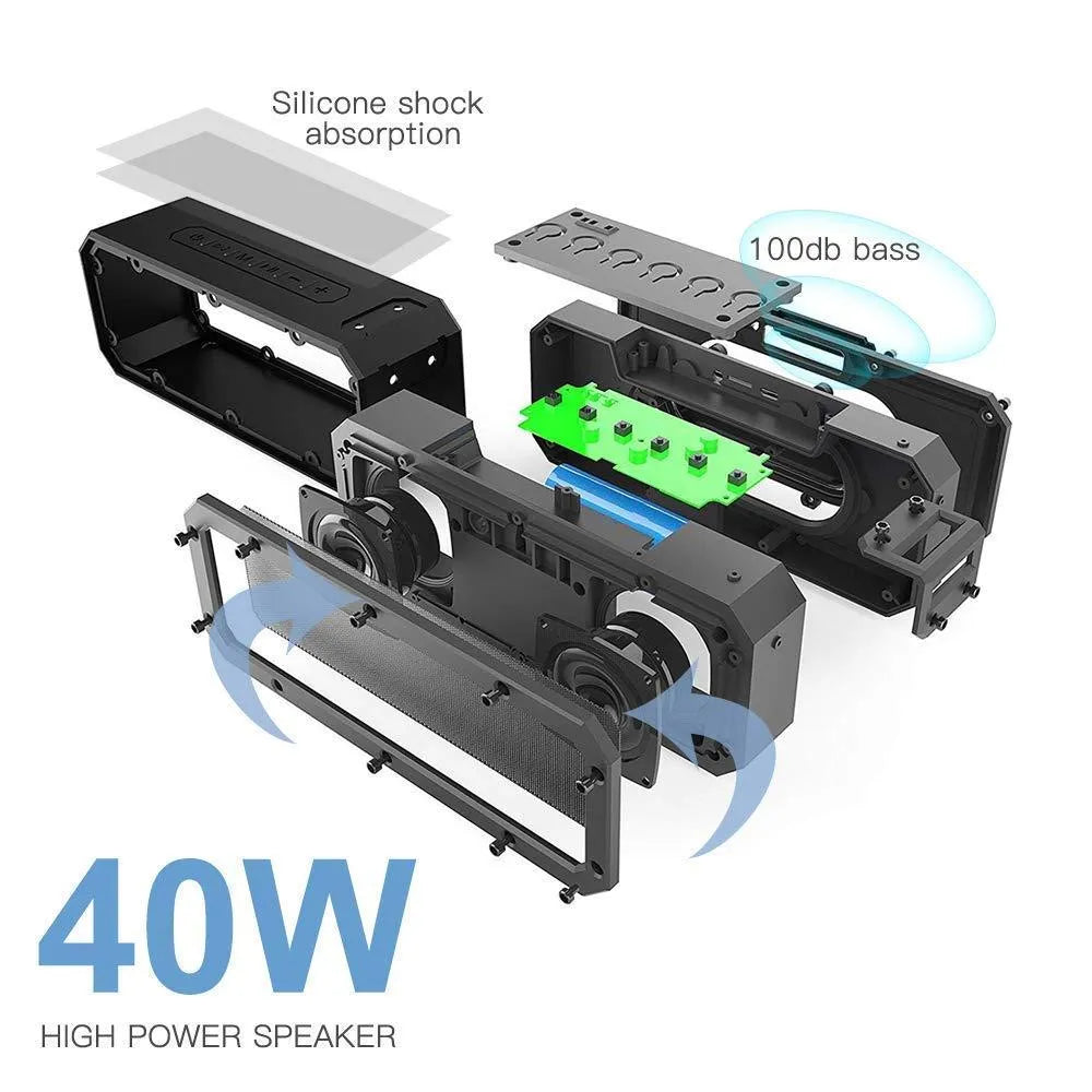 Black outdoor Bluetooth speaker with waterproof rating and carrying rope