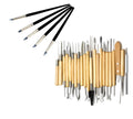 Brown 27-piece pottery tool set with stainless steel, wood, and plastic tools and a rolling tool, packed in an OPP bag.