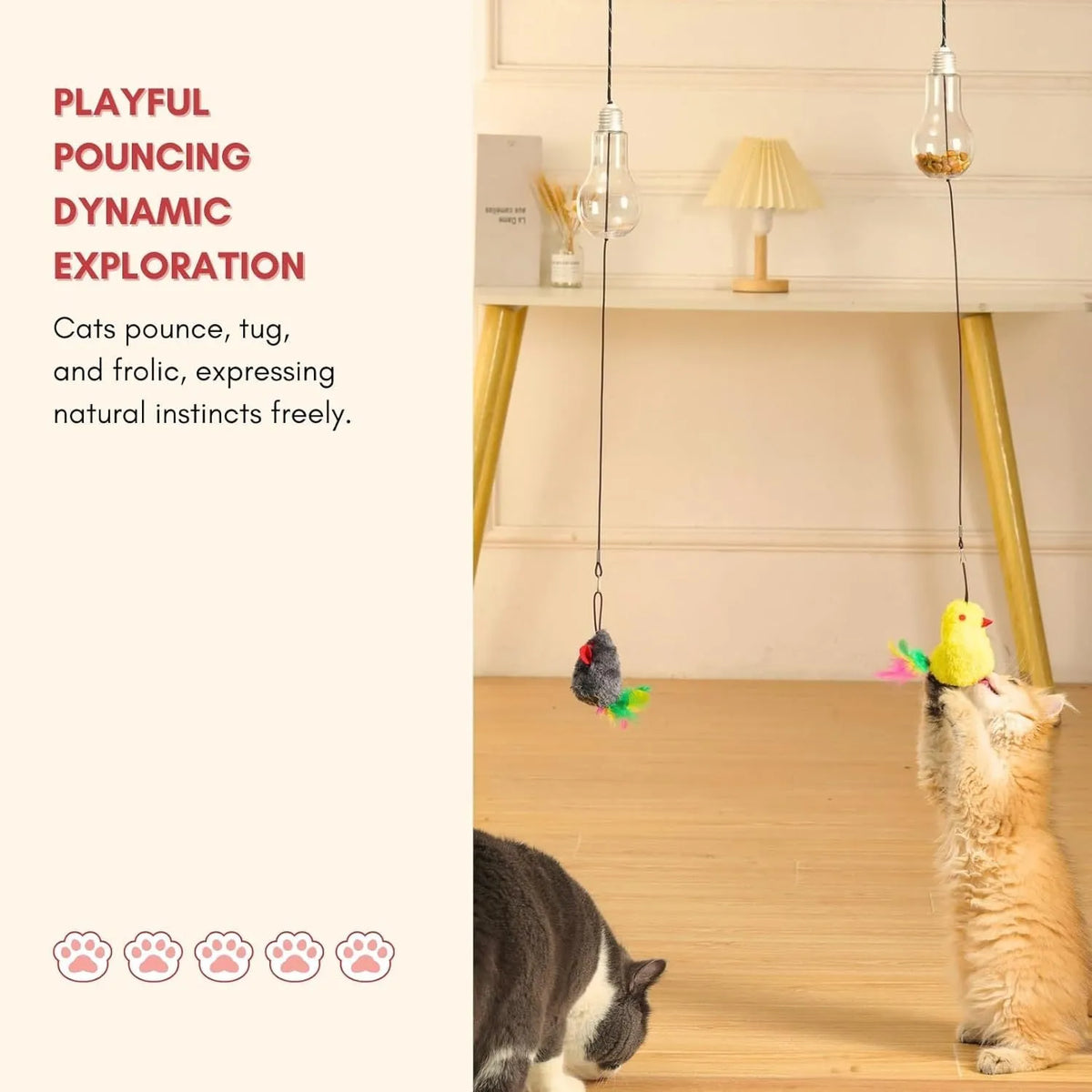 Grey and yellow interactive cat toy hanging on door with dangling mouse, treat bulb, and retractable cord