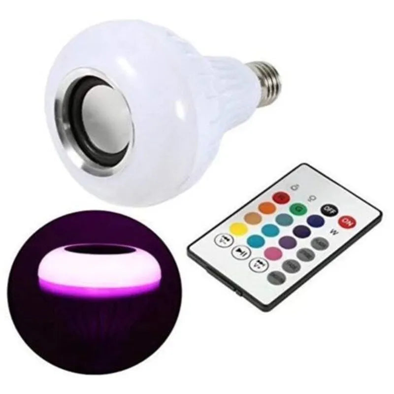 White Bluetooth speaker LED light bulb with E27 base and remote control for colour changing
