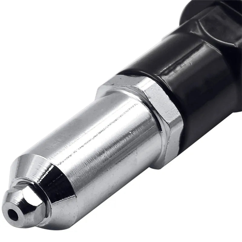 Black metal electric drill rivet gun attachment with handle and wrench, length 173mm.