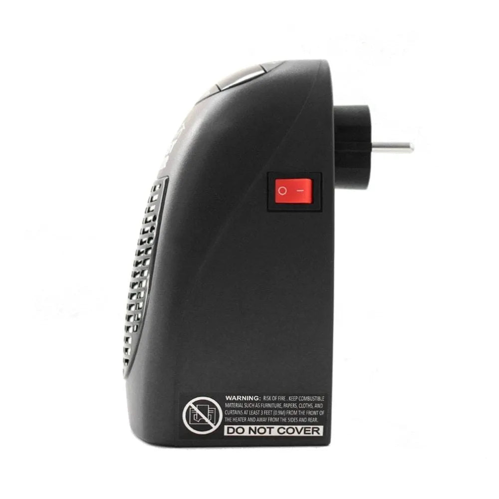 Black compact ceramic electric heater with digital display and a rotating three-prong plug.