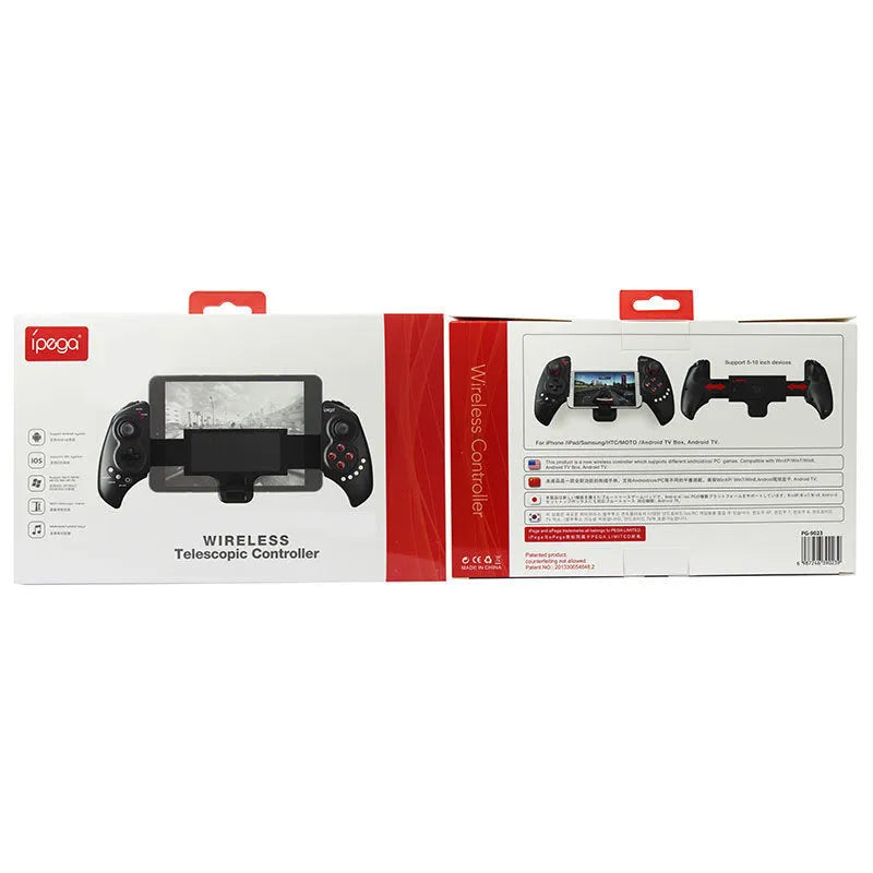 PG-9023 black telescopic wireless game controller extended with a mobile phone attached in the centre