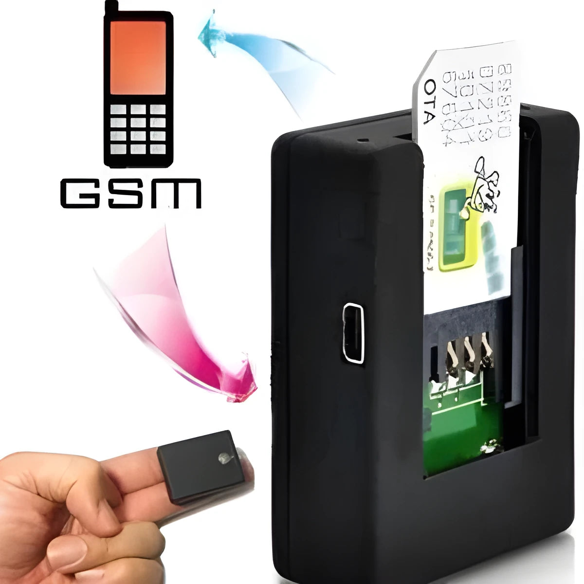 N9 Mini X009 black car GPS tracker alarm with removable back cover showing SIM card slot