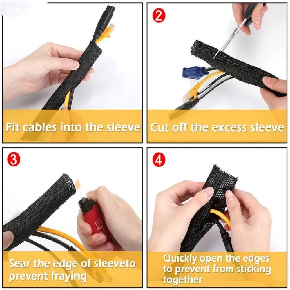 Black self-winding polyester braided sleeve for protecting and organising cables and wires