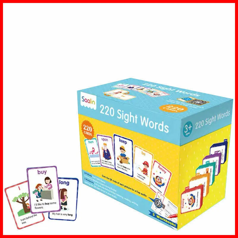 Box set of 220 high frequency word cards and five phonics workbooks for early childhood education.
