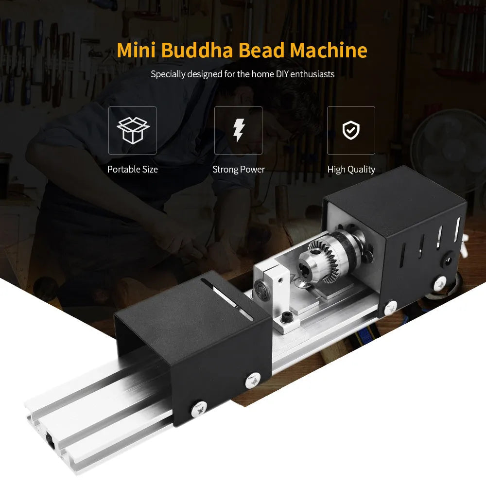 Mini metal manual woodworking lathe with carving knives on a workshop bench