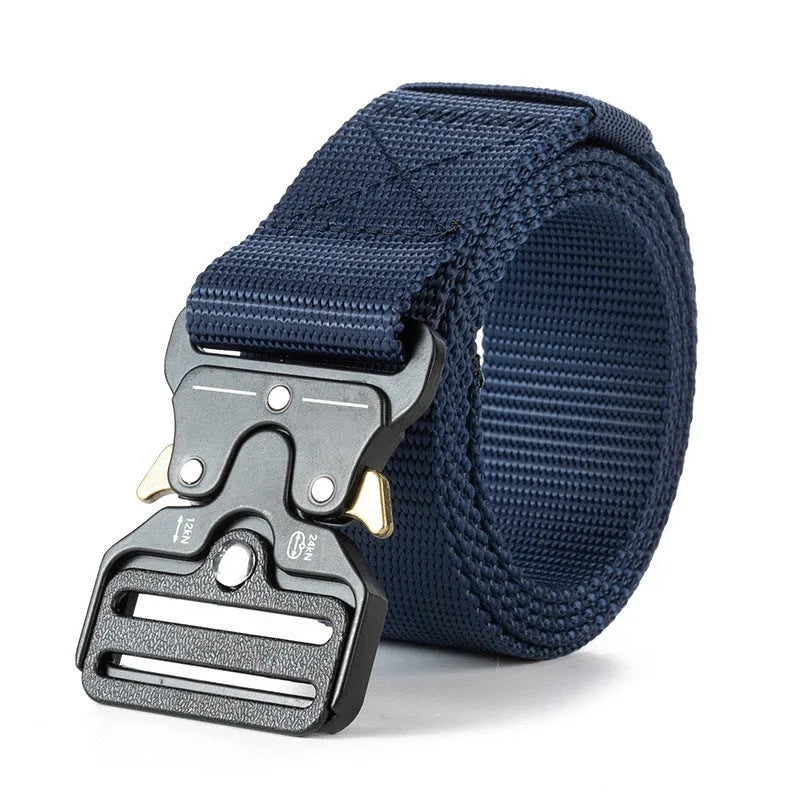 Men's thick woven canvas tactical belt with an alloy release buckle, shown in Army Green colour.