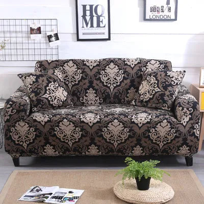 Geometric pattern stretch sofa slipcover on double seat sofa with matching cushion