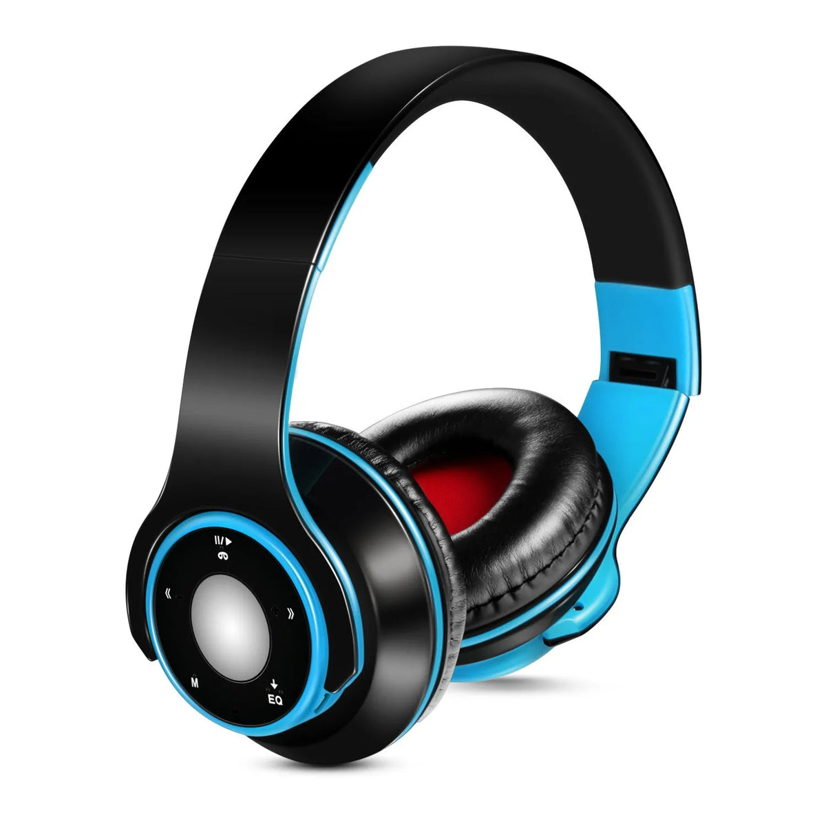 Foldable wireless Bluetooth headset in blue colour with adjustable hinges and ear cushions