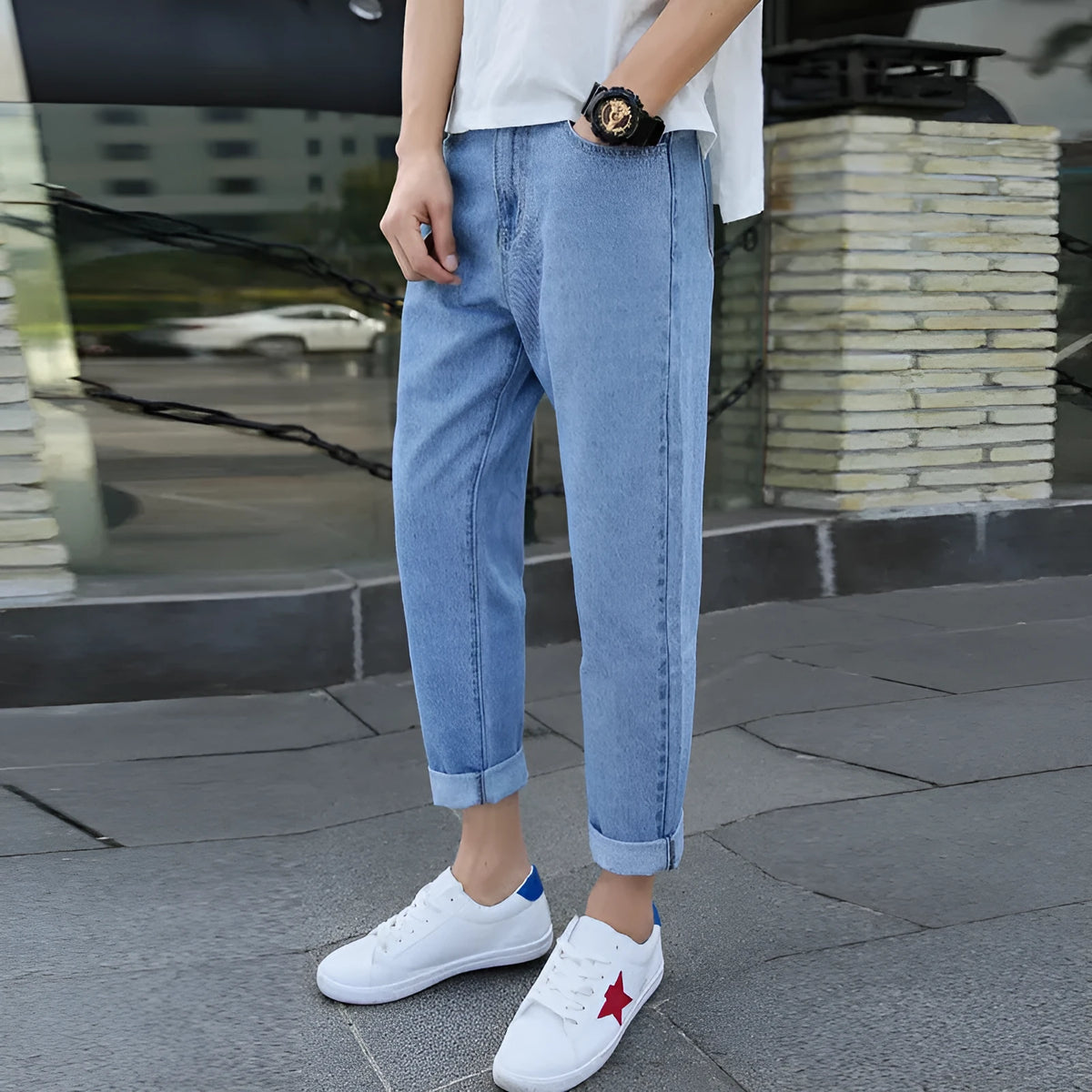 Men's loose straight harem jeans in black or blue with lightweight straight leg opening