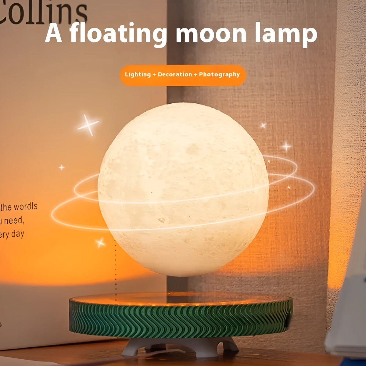 Magnetically levitating moon night lamp floating above its base on a desk