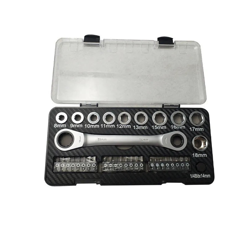 Ratchet wrench set with sockets and batch heads arranged in compact tool kit